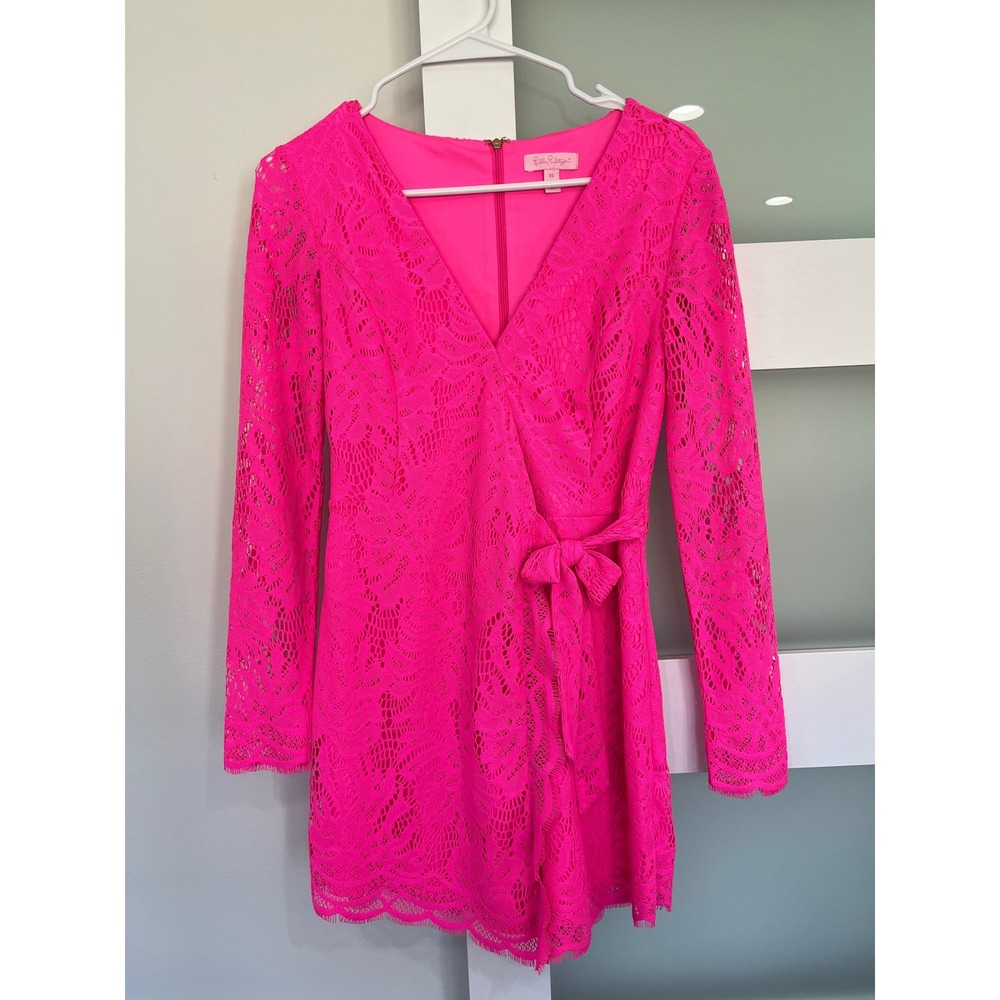Lilly Pulitzer Womens XS Neon Pink Lace Long Sleeve Wrap Romper 24597 Hot Pink
